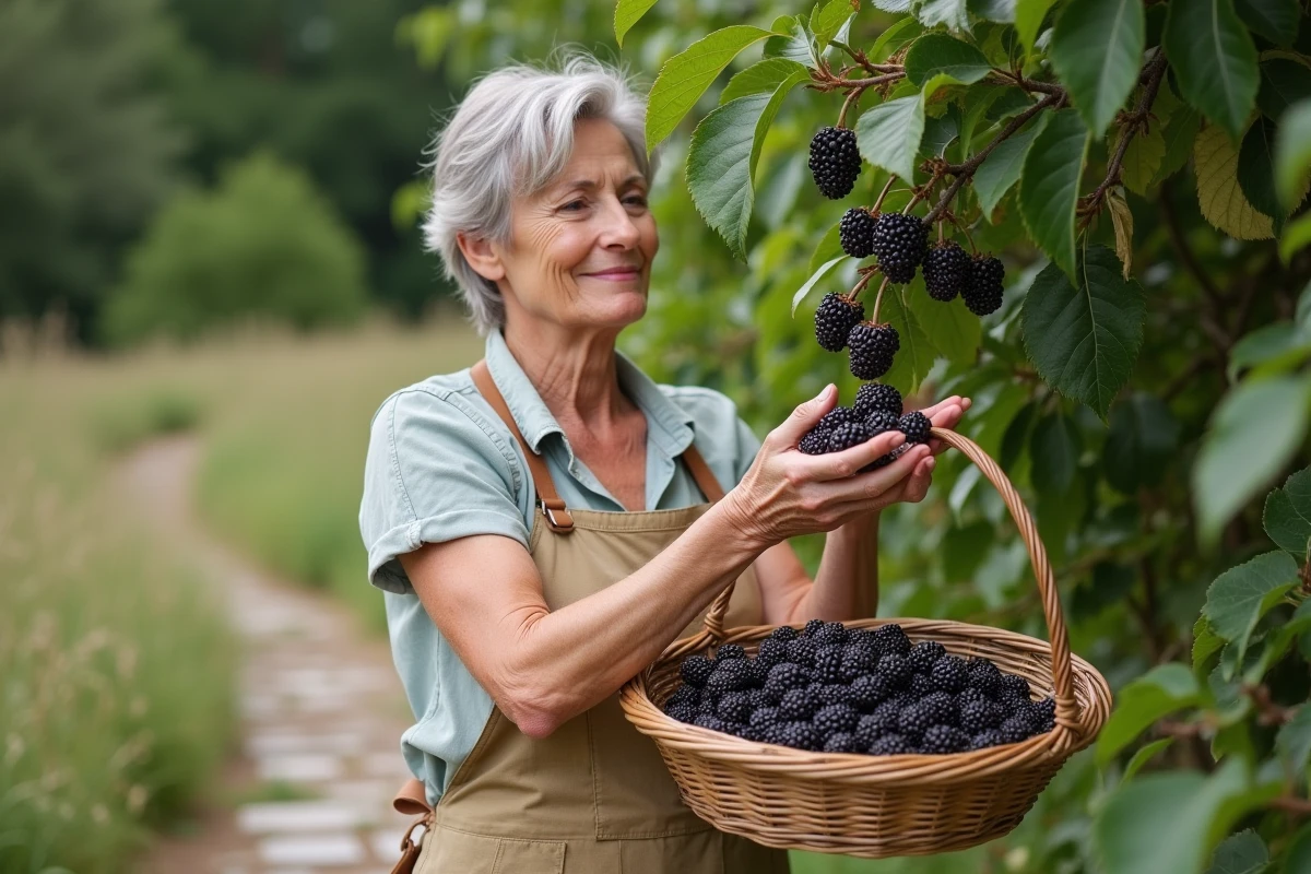 Femme récoltant des fruits de mûrier platane mûrs dans un panier en osier dans un jardin rustique en été