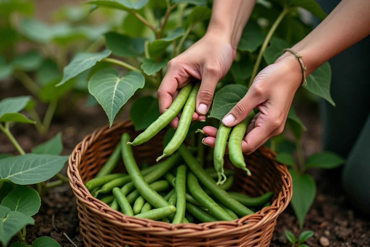 Mains récoltant des haricots verts mûrs sur des plants en fin d'été au jardin potager
