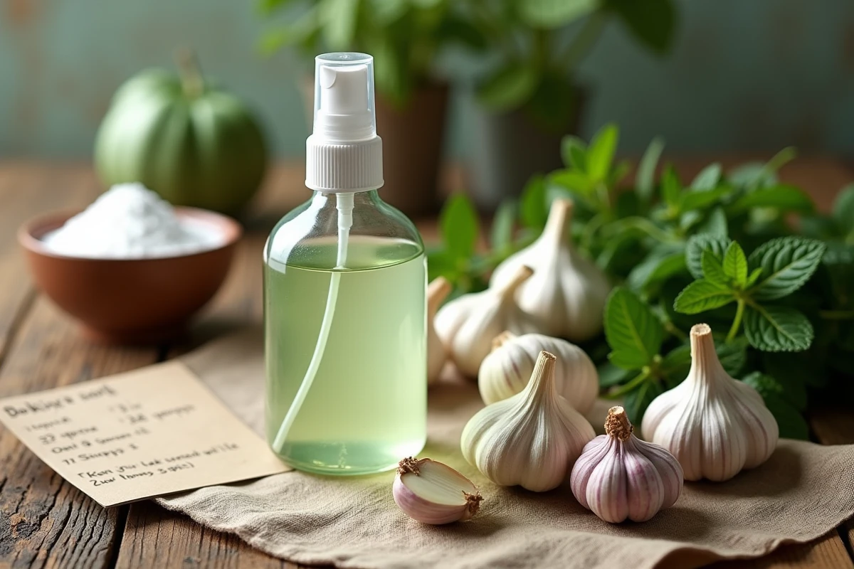 Préparation d'un remède biologique fait maison contre les taches noires de la menthe avec ail, bicarbonate et flacon vaporisateur
