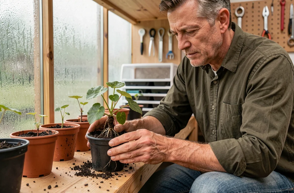 Homme en train de repiquer une bouture de géranium lierre enracinée dans un pot en plastique à l'intérieur d'une serre avec étagères de multiplication en arrière-plan