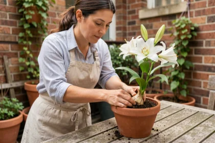 Femme débutante rempotant un lys blanc dans un pot en terre cuite sur un balcon urbain
