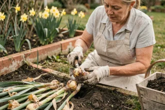 Jardinière soulevant des bulbes de jonquilles fanées du sol avec une truelle après la floraison