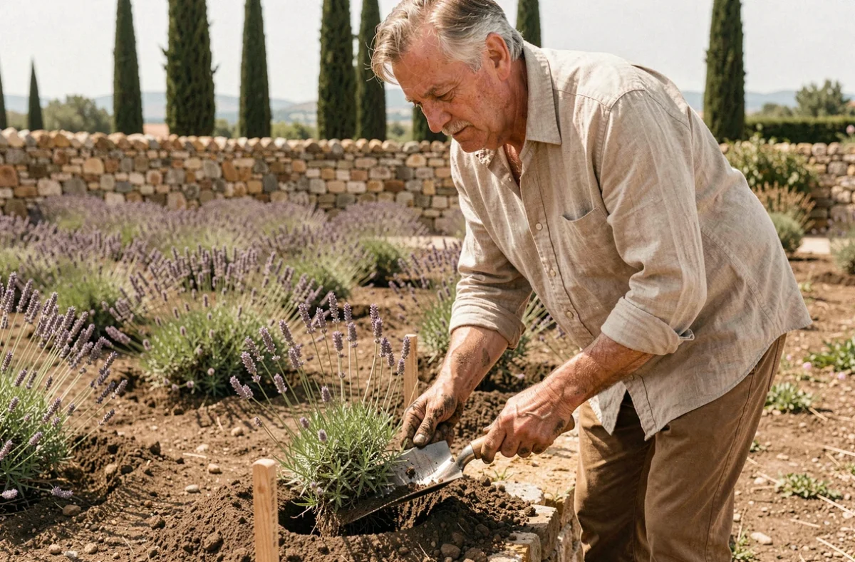 Jardinier expérimenté replantant des pieds de lavande avec un espacement correct dans un jardin provençal ensoleillé
