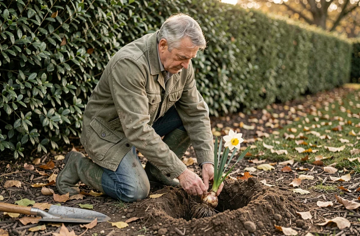 Jardinier replantant un bulbe de jonquille dans un nouveau massif à l'automne