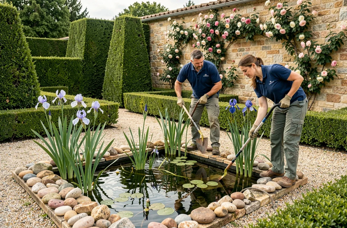 Équipe du Réseau National du Paysage aménageant une création aquatique dans un jardin formel de Provence