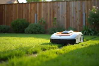 Robot tondeuse Kress en action sur un petit jardin en pente avec pelouse verte et clôture en bois