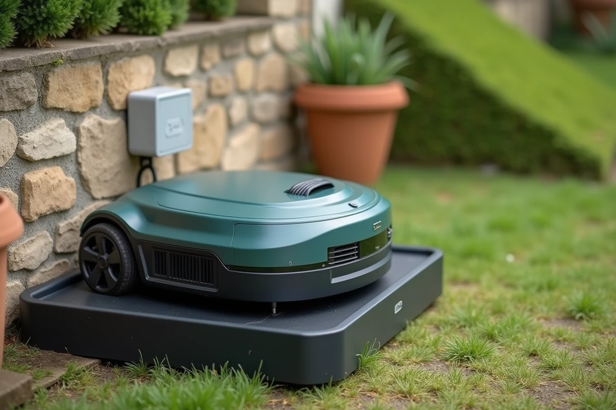 Station de charge du robot tondeuse Kress installée contre un mur de jardin en pente