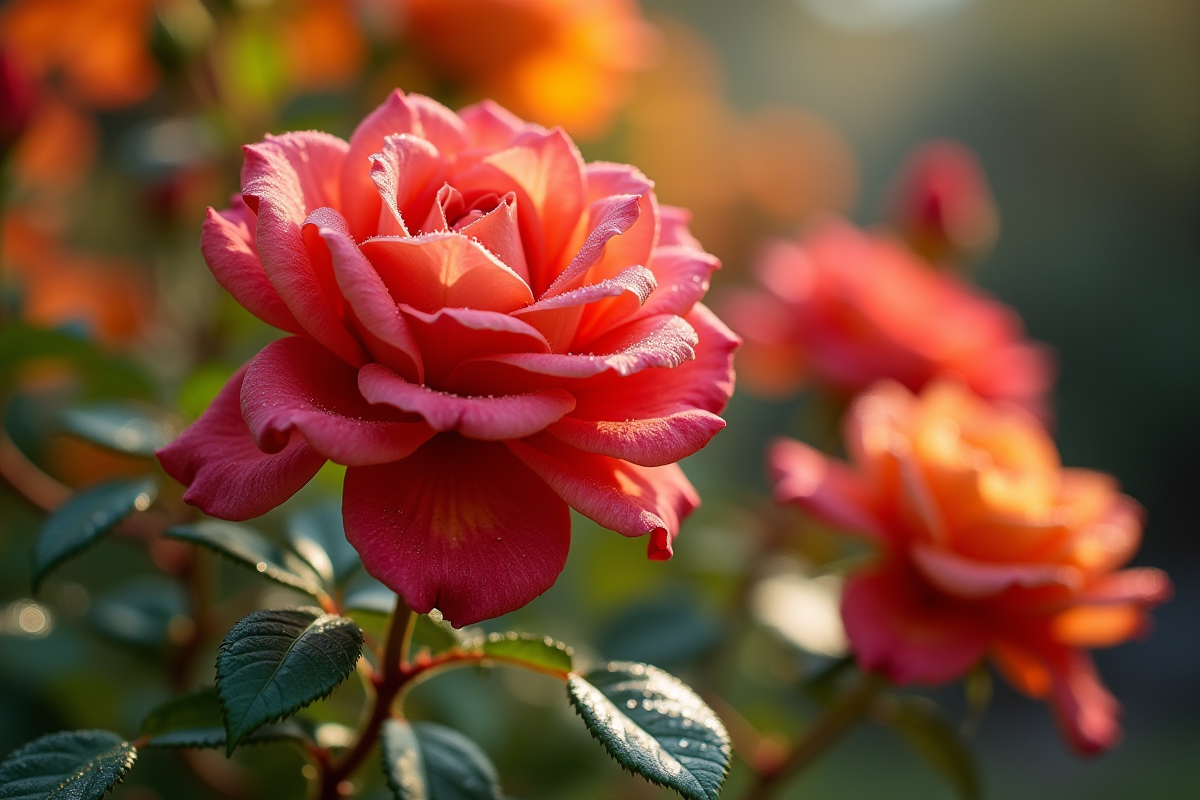 Roses éclatantes sur un buisson taillé en octobre avec rosier et feuillage