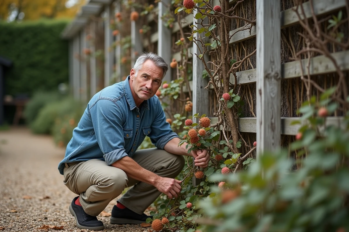 Homme inspectant un rosier grimpant envahi sur une pergola en bois avant la taille annuelle
