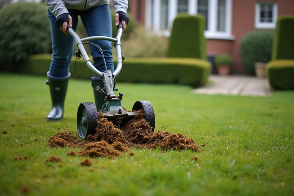 Femme utilisant un scarificateur manuel pour enlever la mousse et le chaume sur une pelouse au printemps