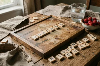 Plateau de Scrabble en bois avec les lettres formant le mot JUJUBE entouré de fruits jujubes frais sur une table en chêne