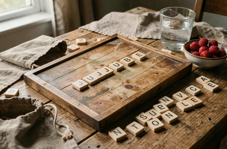 Plateau de Scrabble en bois avec les lettres formant le mot JUJUBE entouré de fruits jujubes frais sur une table en chêne