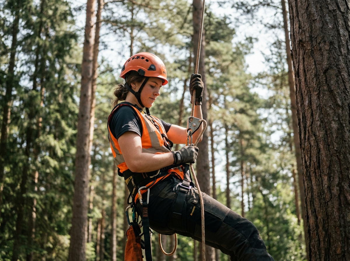 Femme arboriste effectuant une descente contrôlée avec un descendeur évacuateur lors d'un exercice de secours en hauteur
