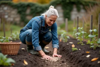 Femme jardinière semant des fèves dans un potager en automne, lune montante et sol travaillé