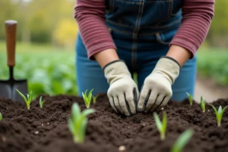 Femme jardinière semant des graines de haricots verts dans un potager au printemps