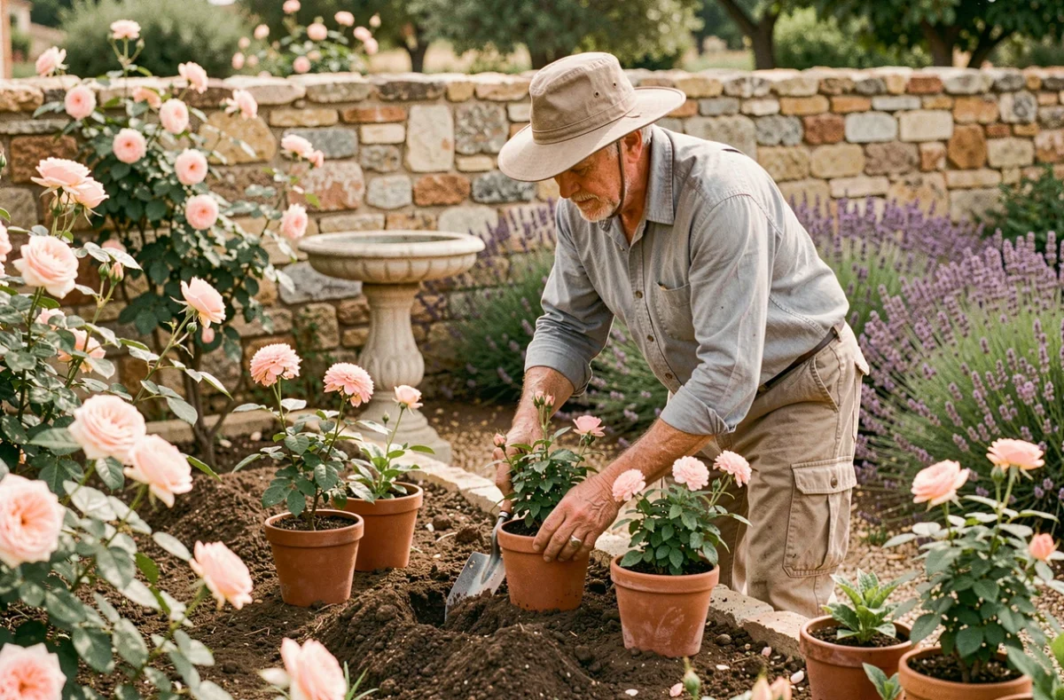 Jardinier expérimenté de Seniors à Votre Service replantant des vivaces dans un jardin résidentiel en PACA