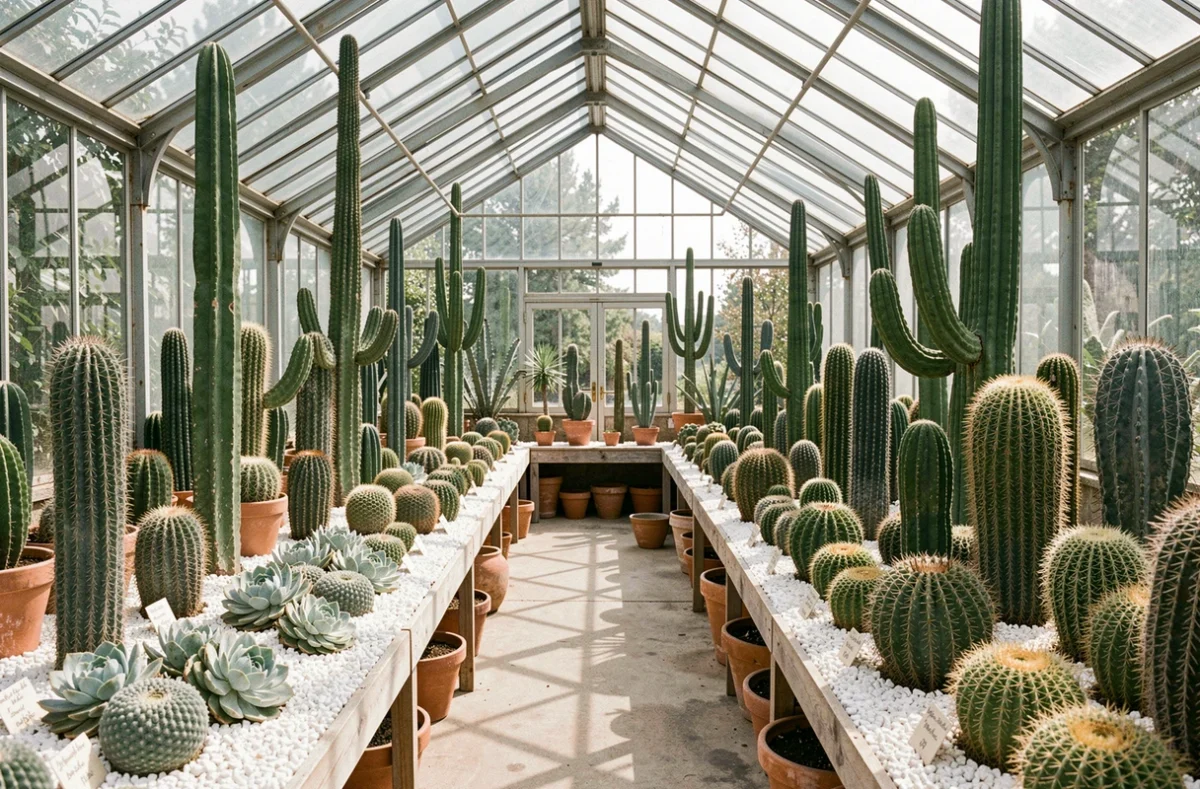 Intérieur de la Serre aux Cactées à Sceaux avec collection de cactus et succulentes sur gravier blanc sous verrière