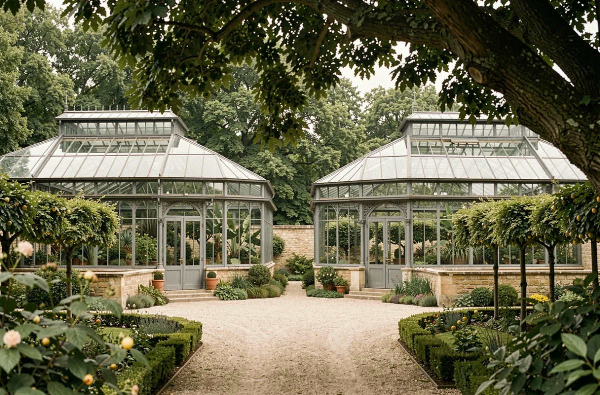 Complexe de serres historiques à Meudon avec structures en fer et verre victorien, arbres matures et jardins soignés