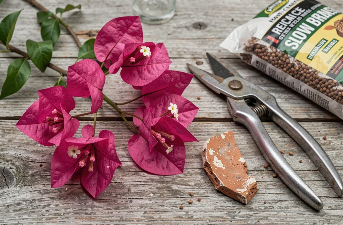 Gros plan de bracts de bougainvillier fuchsia avec outils de jardinage et engrais sur table de rempotage en bois