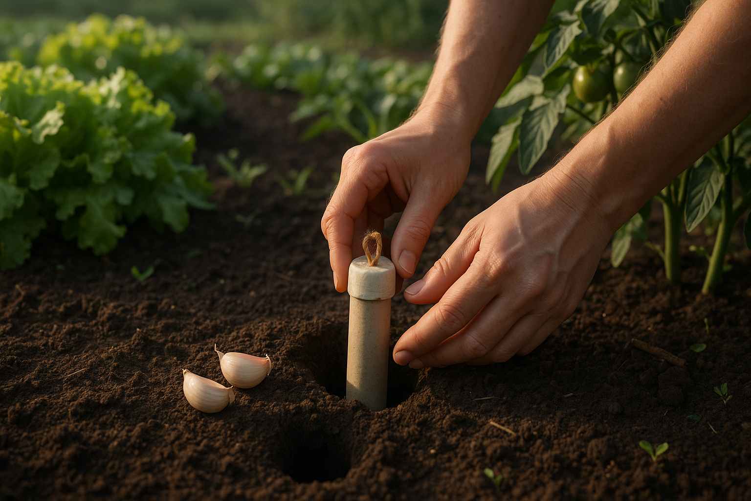 Main plaçant un repelent naturel contre les taupes dans un jardin bio