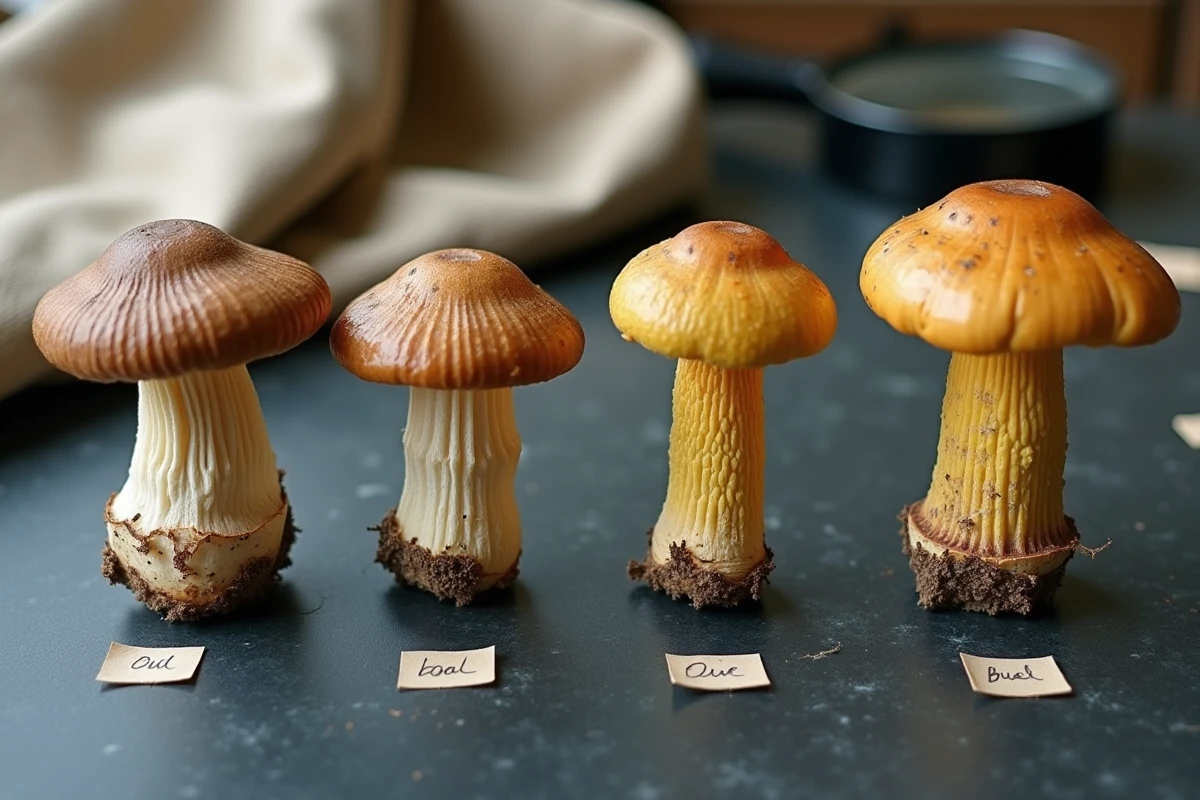 Quatre spécimens de bolets alignés sur ardoise avec étiquettes pour comparer les espèces confondues avec le bolet à chair jaune, dans un contexte d'étude mycologique