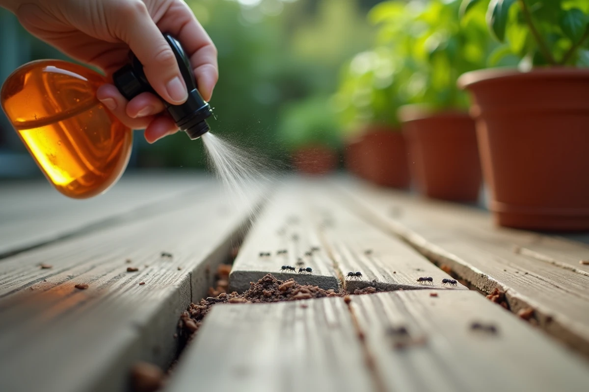 Application d'un spray au savon noir sur une colonie de fourmis sur une terrasse en bois