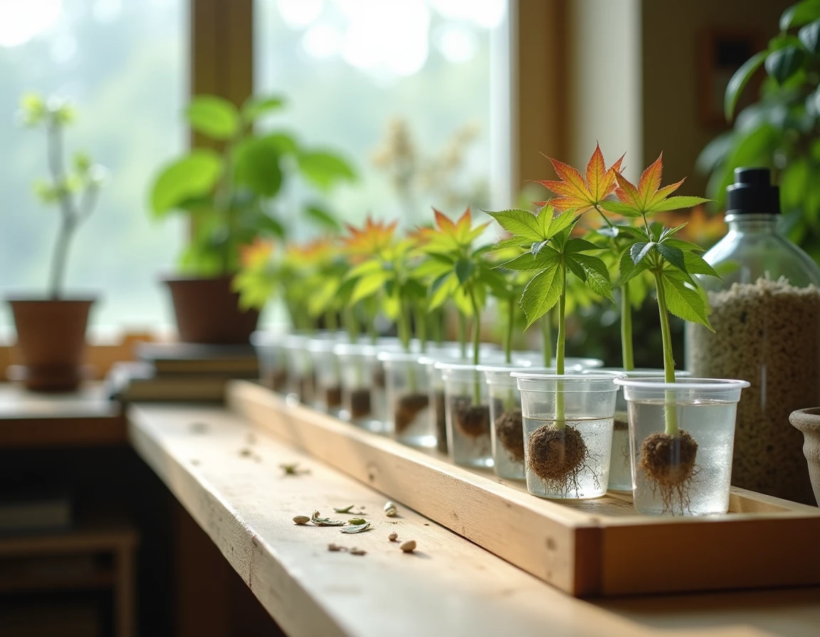 Station de bouturage d'érable du Japon en eau avec racines naissantes visibles