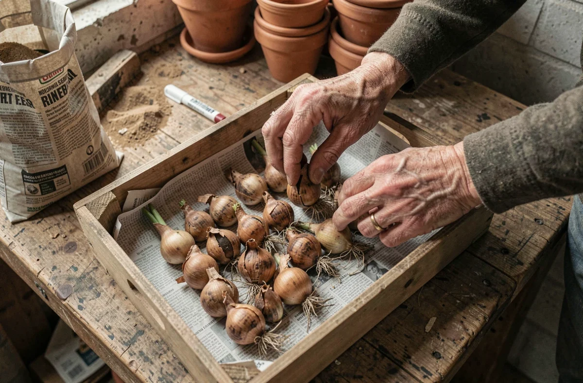 Bulbes de jonquilles fanées rangés dans une caisse en bois sur un établi de jardinage