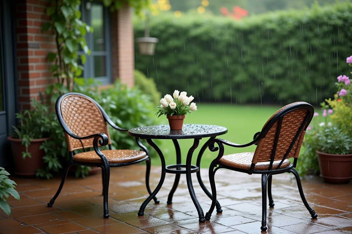 Mobilier de jardin mouillé avec gouttes d