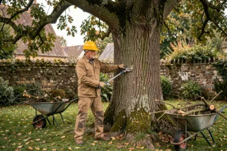 Arboriste professionnel taillant les branches basses d'un chêne mature de 30 ans dans un jardin rural français en automne