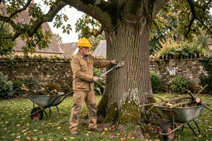 Arboriste professionnel taillant les branches basses d'un chêne mature de 30 ans dans un jardin rural français en automne