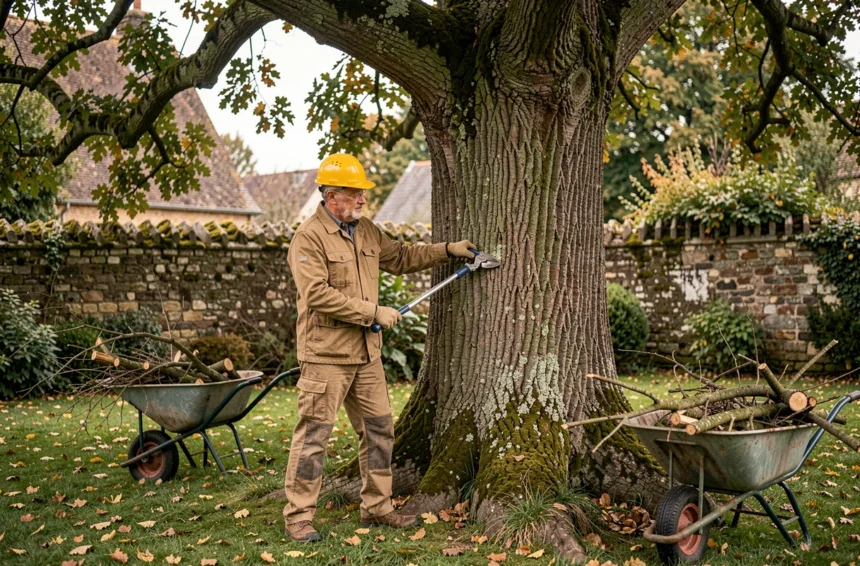 Arboriste professionnel taillant les branches basses d'un chêne mature de 30 ans dans un jardin rural français en automne