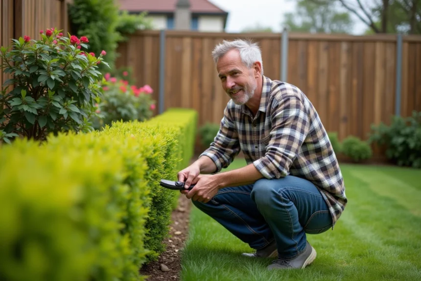 Homme d'âge moyen taillant une haie verte dans son jardin
