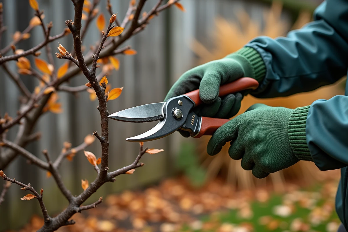 Mains gantées taillant des branches sèches d'hibiscus en automne avec un sécateur