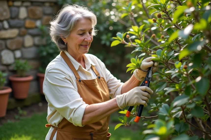 Femme jardinière taillant un hibiscus au printemps dans un jardin avec des bourgeons verts naissants