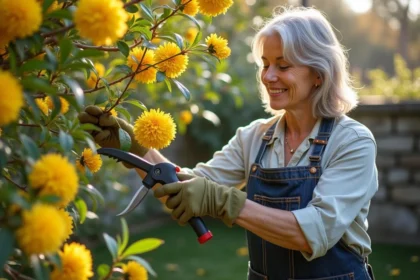 Jardinière taillant un mimosa en fleur dans un jardin en hiver, avec un sécateur professionnel