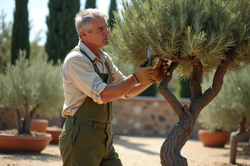 Jardinier taillant un olivier en nuage dans un jardin méditerranéen avec des ciseaux professionnels