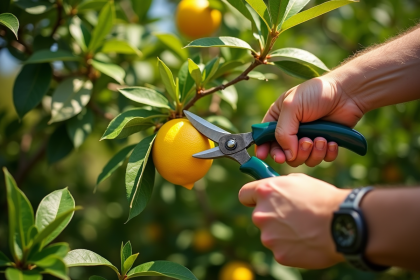 Jardinier taillant un citronnier avec des sécateurs ensoleillés