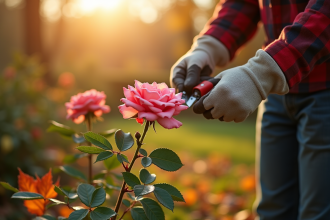 Jardinier taillant un rosier en automne dans un jardin ensoleille