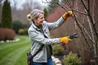 Femme taillant un crape myrtle en jardin au printemps
