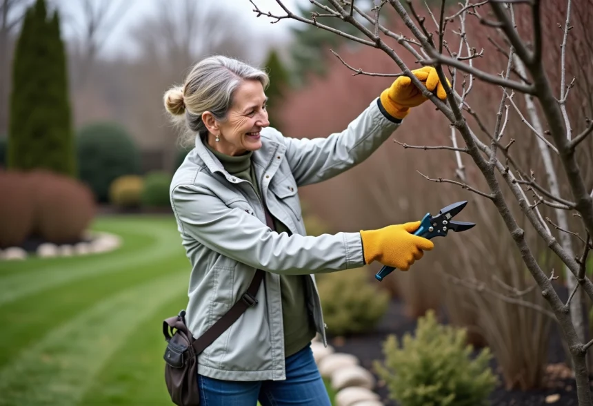 Femme taillant un crape myrtle en jardin au printemps