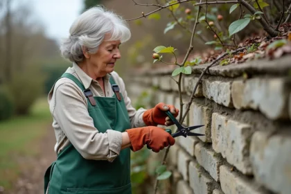 Jardinière taillant un rosier grimpant en hiver le long d'un mur en pierre, avec des sécateurs de qualité