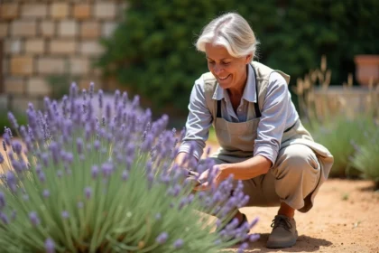 Femme taillant un coussin de lavande dans un jardin provençal avec un sécateur en bois, technique de rabattage au tiers