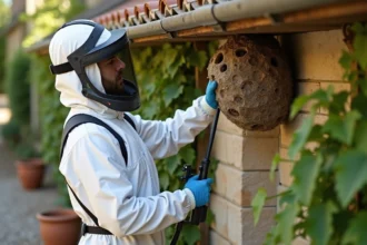 Technicien en combinaison de protection inspectant un nid de frelons asiatiques sous les avant-toits d'une maison de campagne française