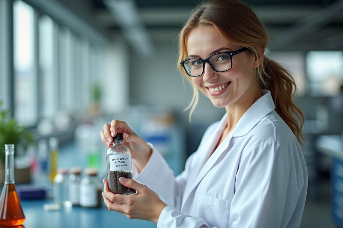 Technicienne en laboratoire labellisant un echantillon de sol