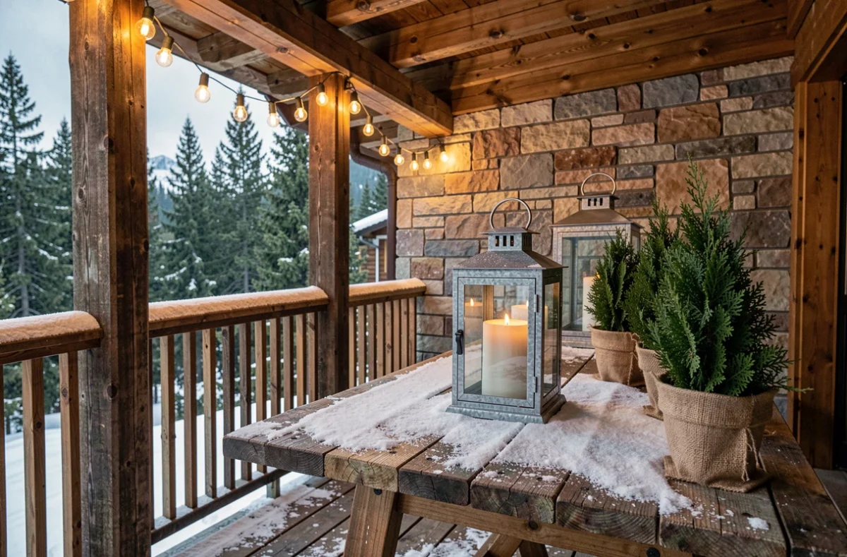 Terrasse de chalet en bois décorée pour Noël avec des guirlandes extérieures durables, lanternes en métal galvanisé et topiaires en pot enveloppés de toile de jute, atmosphère rustique hivernale