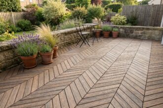 Terrasse extérieure moderne revêtue de caillebotis composite en bois avec table bistro et plantes en pot