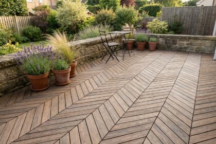 Terrasse extérieure moderne revêtue de caillebotis composite en bois avec table bistro et plantes en pot