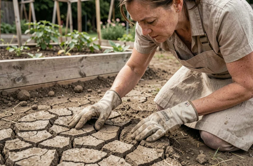 Jardinière inspectant une terre argileuse compacte et fissurée dans un potager