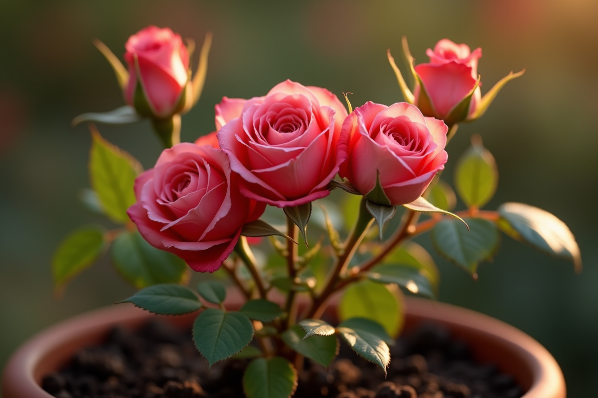 Tiges de roses coupées posées sur un sol humide en matinée claire